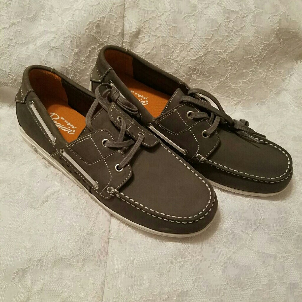 Grey with white stitching and orange interior